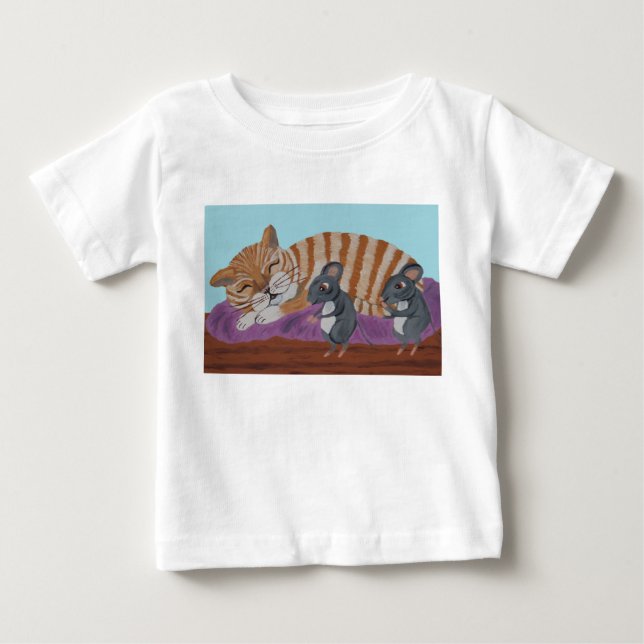 Sleeping Cat with Sneaky Mice T-Shirt (Vorderseite)
