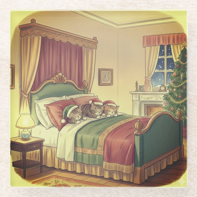 Sleeping Christmas Cats Glass Coaster Glasuntersetzer (Vorderseite)
