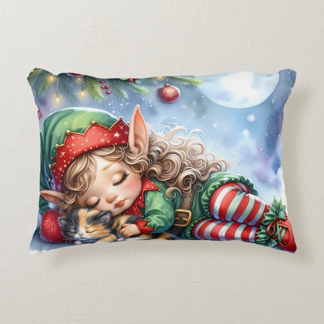 Sleeping Christmas Elf with Calico Kitten Dekokissen (Vorderseite)