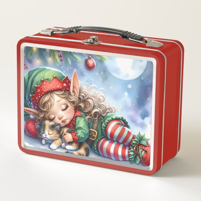 Sleeping Christmas Elf with Calico Kitten Metall Brotdose (Vorderseite)