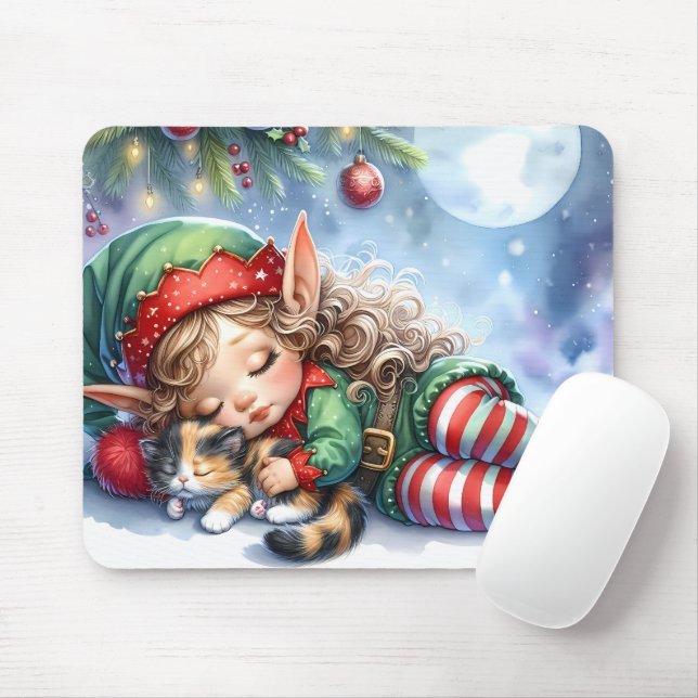 Sleeping Christmas Elf with Calico Kitten Mousepad (Mit Mouse)