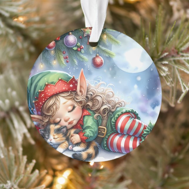 Sleeping Christmas Elf with Calico Kitten Ornament (Baum)