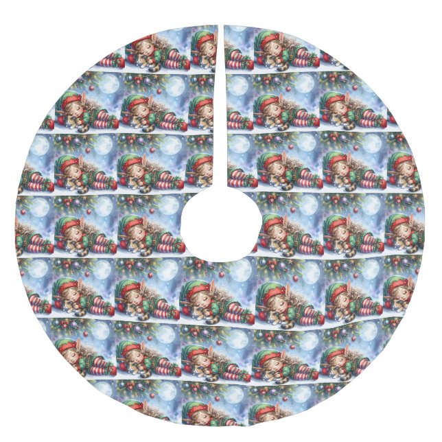 Sleeping Christmas Elf with Calico Kitten Polyester Weihnachtsbaumdecke (Vorderseite)