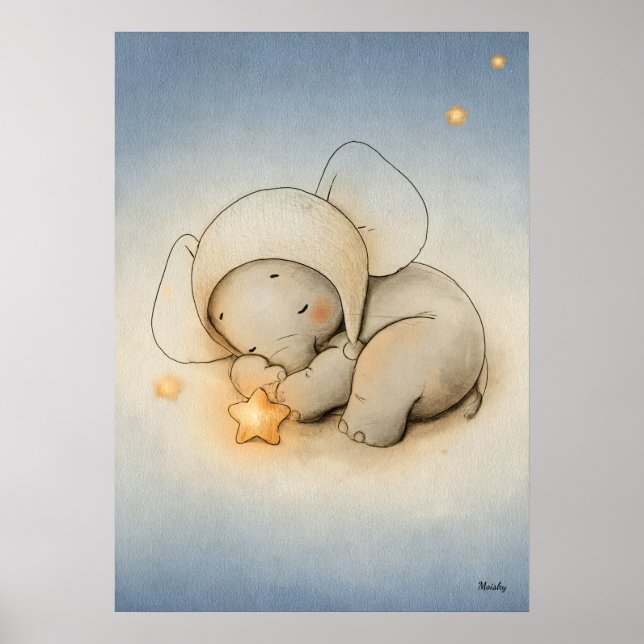 Sleeping Elephant Nursery Baby Illustration Poster (Vorne)