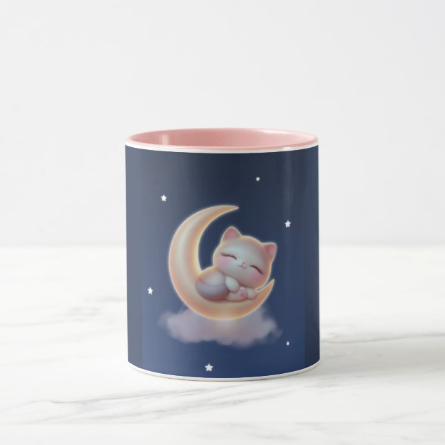 Sleeping Kitten on Moon – Cute Kawaii Cat Mug Tasse (Zentrum)