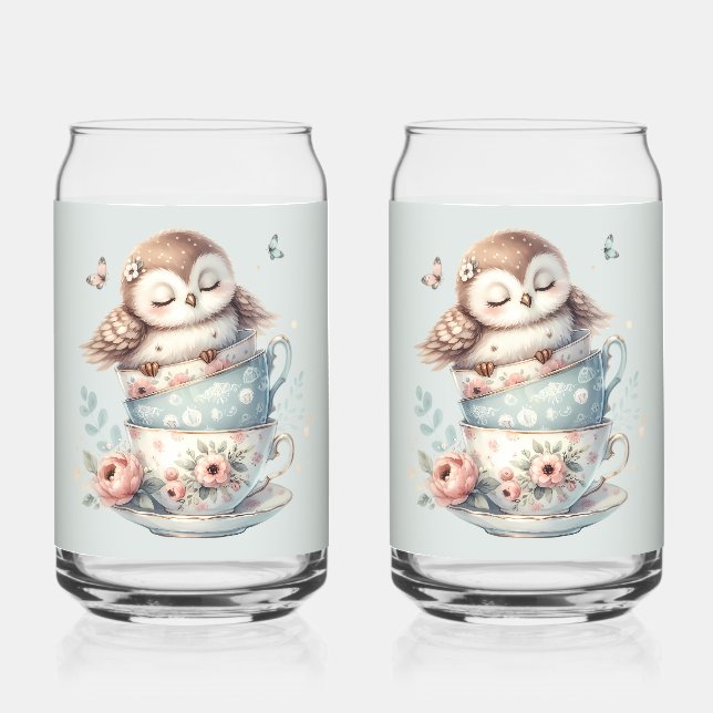 Sleeping Owl in Stacked Floral Teacups Dosenglas (Vorderseite)