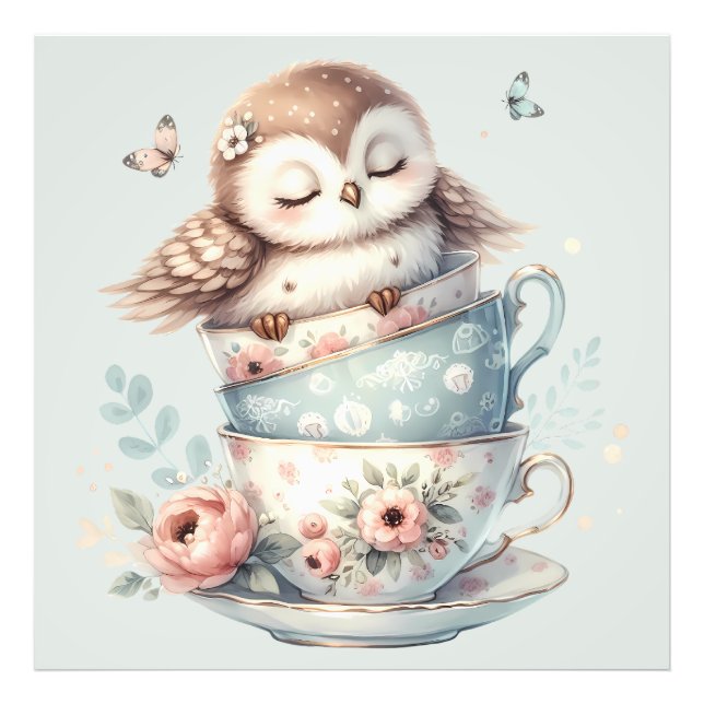 Sleeping Owl in Stacked Floral Teacups Fotodruck (Vorne)