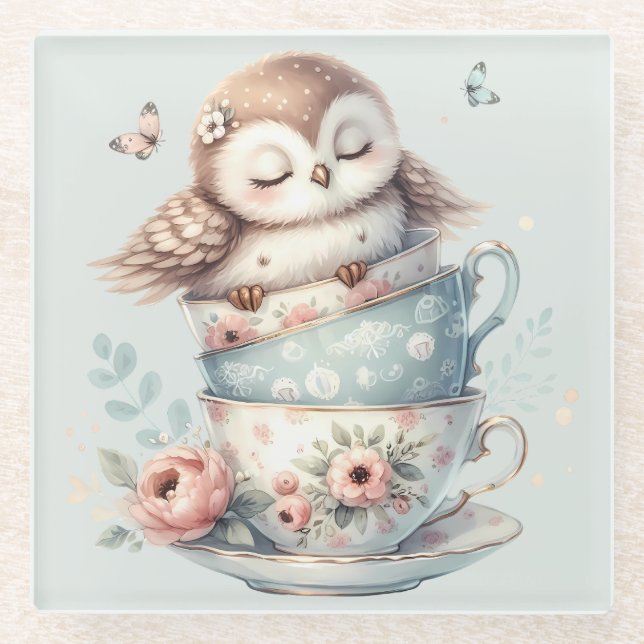 Sleeping Owl in Stacked Floral Teacups Glasuntersetzer (Vorderseite)