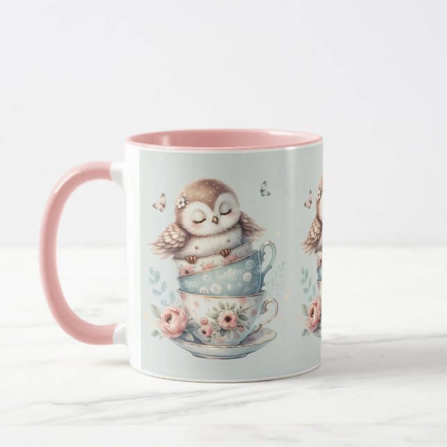 Sleeping Owl in Stacked Floral Teacups Tasse (Links)