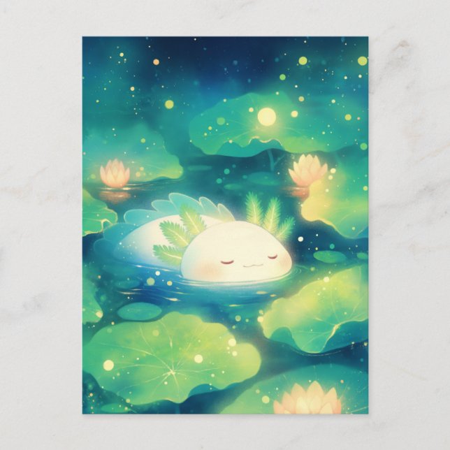 Sleeping White Axolotl in Magical Night Lotus Pond Postkarte (Vorderseite)