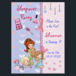Sleepover Friends Slumber Geburtstagsparty Einladung<br><div class="desc">Hübsche Herzmuster auf hellblau/lavender. Es gibt süße mädchenhafte Touchs mit bedruckten rosa Bögen und Spitzen. Drei kleine Mädchen tragen Schlafanzüge und sind zum Party bereit. Passen Sie den Text auf der Vorder- und Rückseite dieser bezaubernden Elf-Geburtstagsfeier an. Name,  Geburtsjahr und alle Informationen können von Ihnen geändert werden.</div>