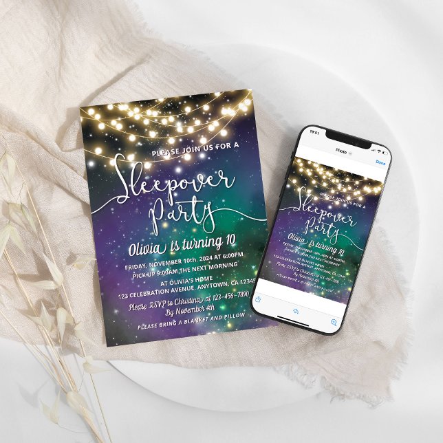 Sleepover Party Galaxie Blaue Lila Sterne Geburtst Einladung (Von Creator hochgeladen)