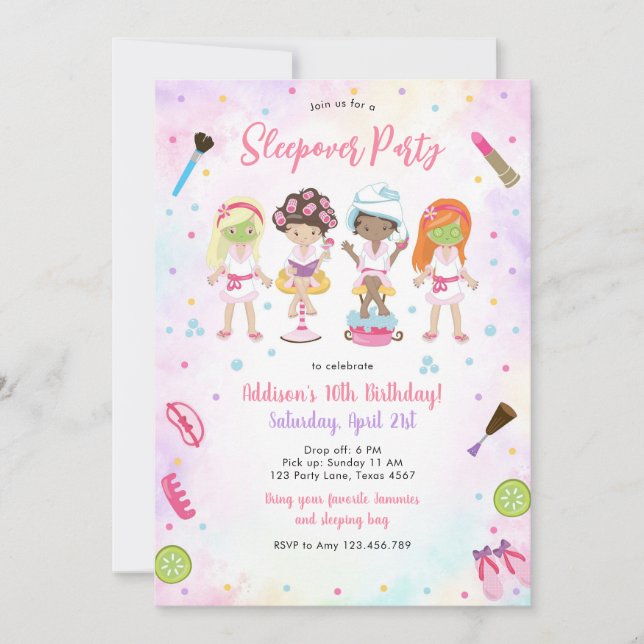 Sleepover Party Girl Spa Pink Birthday Invitation Einladung (Vorderseite)