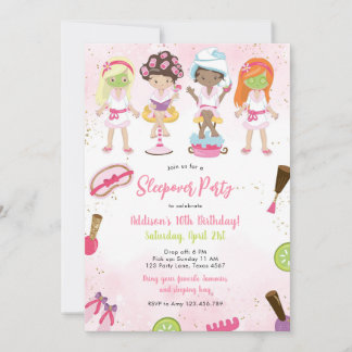 Sleepover Party Girl Spa Pink Birthday Invitation Einladung