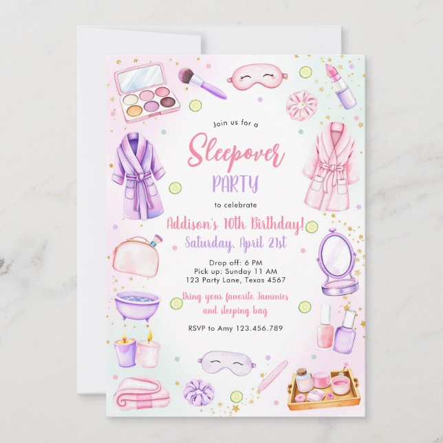 Sleepover Party Girl Spa Pink Birthday Invitation Einladung (Vorderseite)