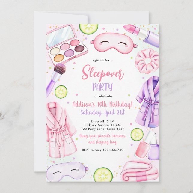 Sleepover Party Girl Spa Pink Birthday Invitation Einladung (Vorderseite)