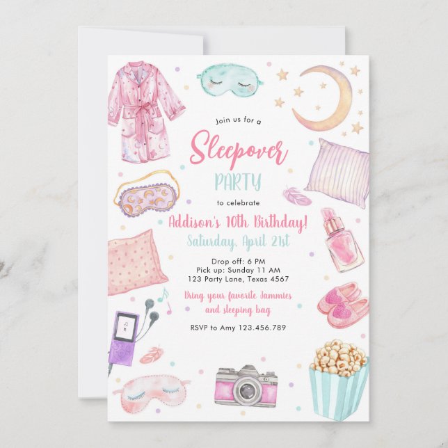 Sleepover Party Girl Spa Pink Birthday Invitation Einladung (Vorderseite)