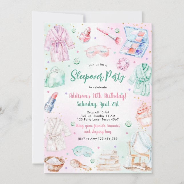 Sleepover Party Girl Spa Pink Birthday Invitation Einladung (Vorderseite)