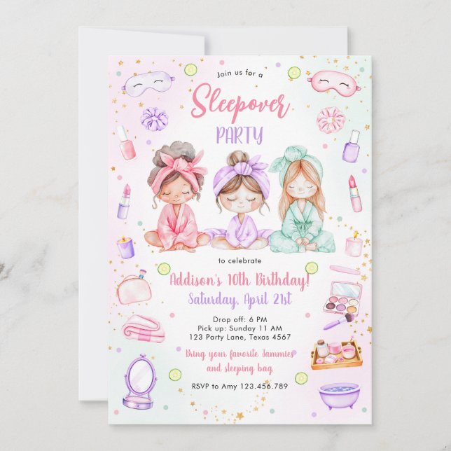 Sleepover Party Girl Spa Pink Birthday Invitation Einladung (Vorderseite)