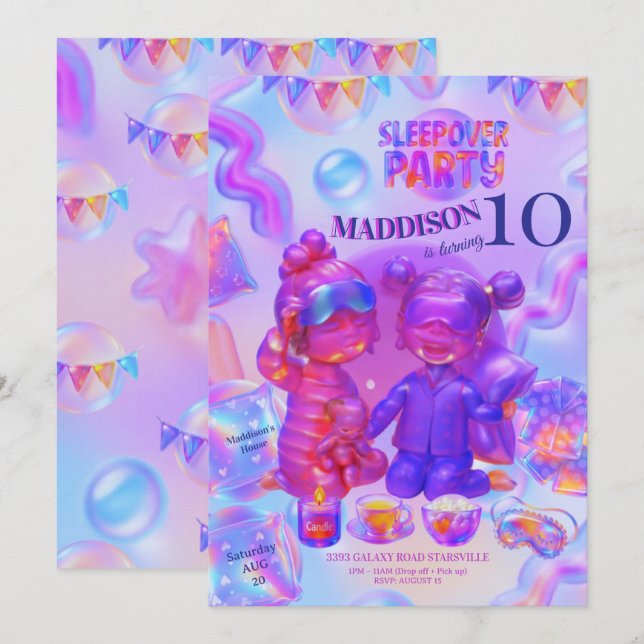 Sleepover Party Invitation | Girl Pajama Birthday Einladung (Vorne/Hinten)