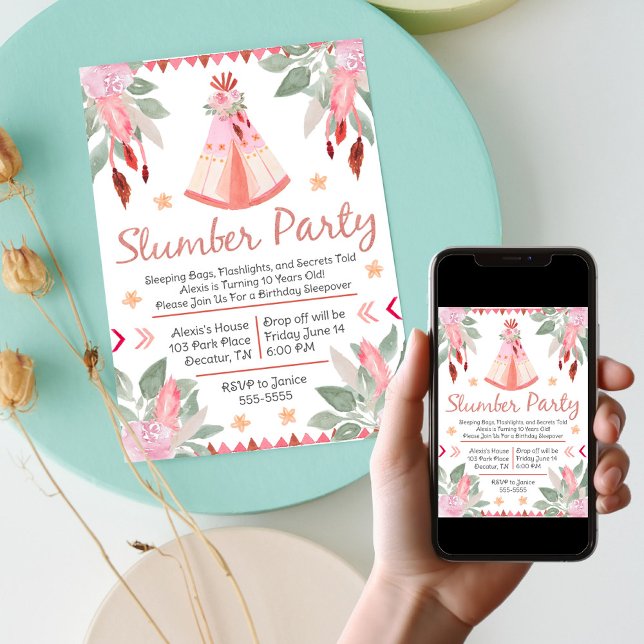 Sleepover Slumber Party Girl Pink Teepee Geburtsta Einladung (Sleepover Slumber Party Girl Pink Teepee Birthday Invitation)