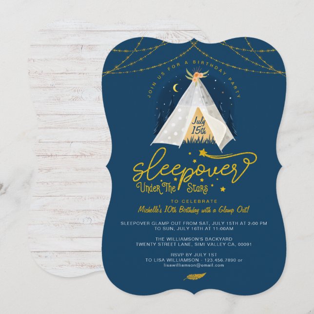 Sleepover Under the Stars Tepee Navy Gold Geburtst Einladung (Vorne/Hinten)
