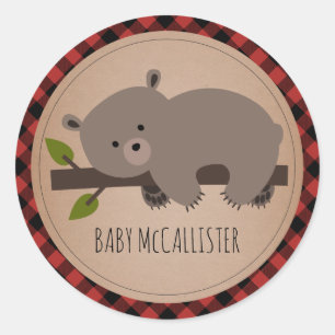 Sleepy Baby Bear Cub Kariert Babydusche Runder Aufkleber