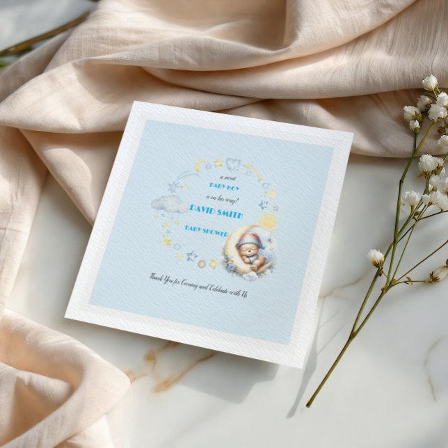 Sleepy Bär auf dem Mond Stars Wolken Baby Boy Serviette (Von Creator hochgeladen)