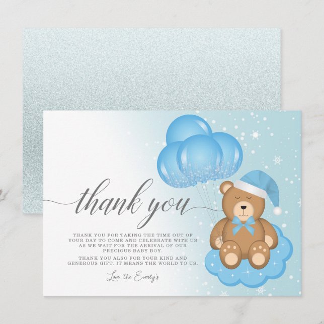 Sleepy Bear Balloon Baby Showdusche Danke Karte (Vorne/Hinten)