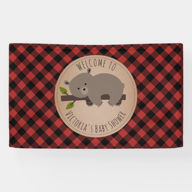 Sleepy Bear Buffalo Kariert Babydusche Empfang Banner (Horizontal)