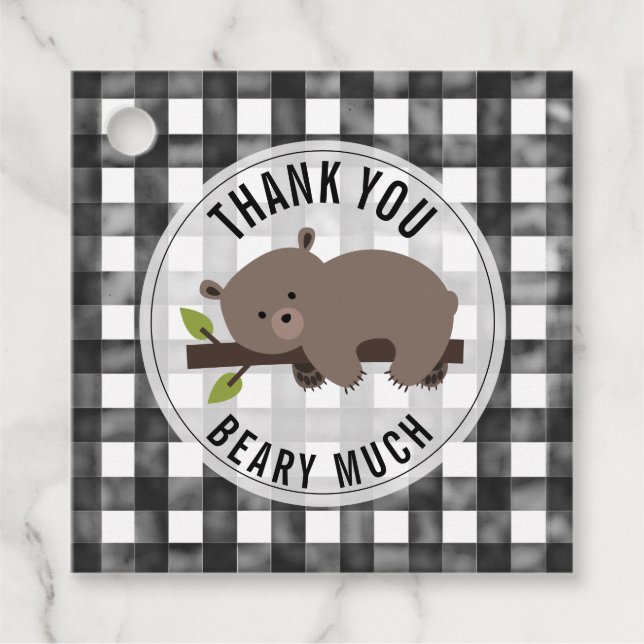 Sleepy Bear Cub Gingham Baby Dusche Geschenkanhänger (Vorderseite)