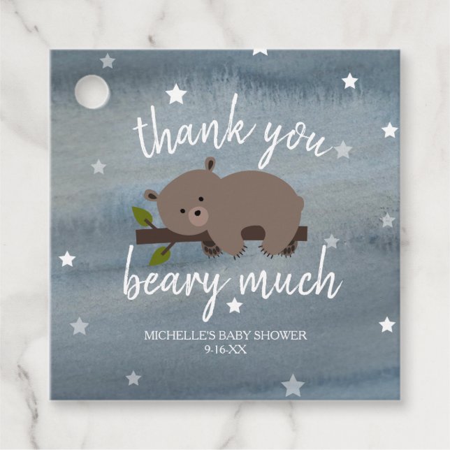 Sleepy Bear Cub Wasserfarbe Sterne Babydusche Geschenkanhänger (Vorderseite)