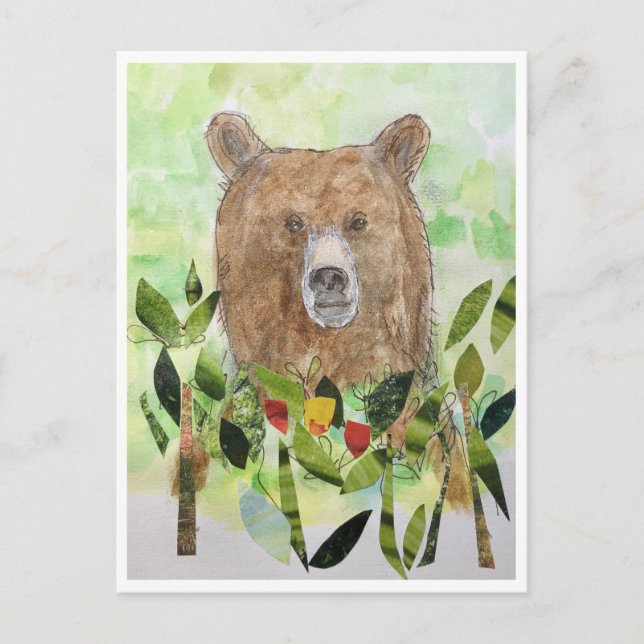 Sleepy bear in the leaves- watercolor Postcard Postkarte (Vorderseite)