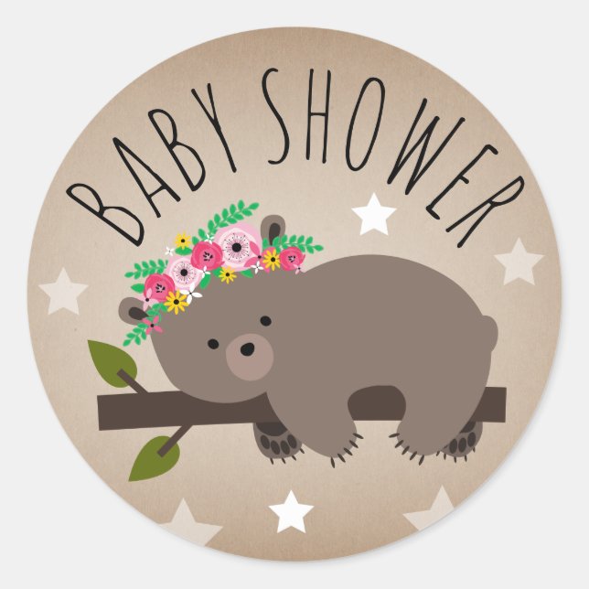 Sleepy Bear Stars Girl Babyduschenaufkleber Runder Aufkleber (Vorderseite)