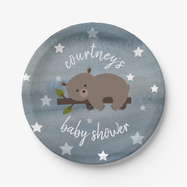 Sleepy Bear Stars Wasserfarbe Babydusche Pappteller (Vorderseite)