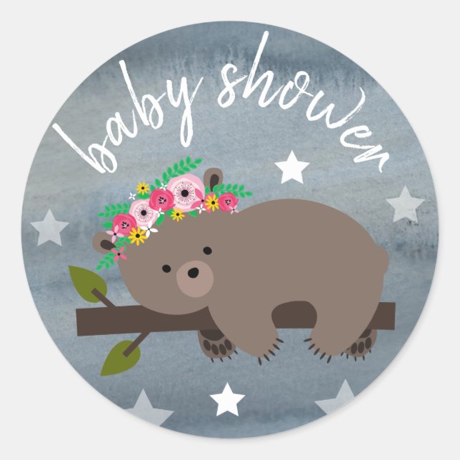 Sleepy Bear Stars Wasserfarbe Girl Babydusche Runder Aufkleber (Vorderseite)