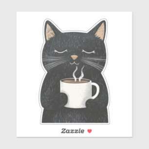 Sleepy Black Cat mit einem Cup Coffee Boho Aufkleber