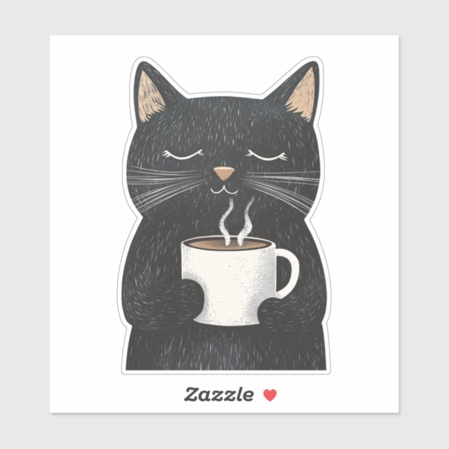 Sleepy Black Cat mit einem Cup Coffee Boho Aufkleber (Blatt)