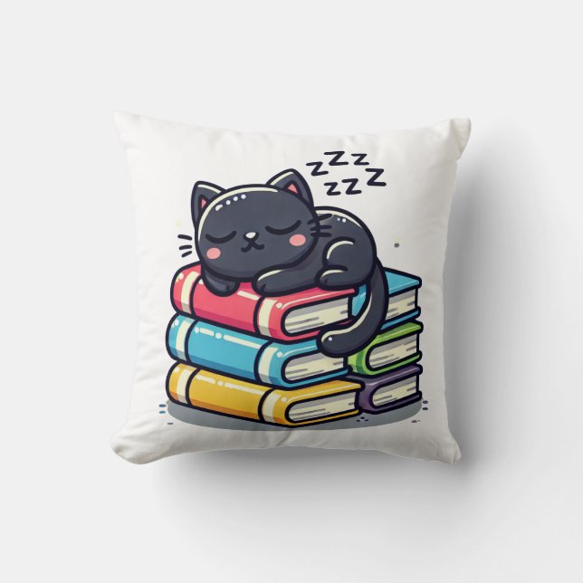 Sleepy Black Cat on Books - Niedlicher Cartoon Kissen (Vorderseite)