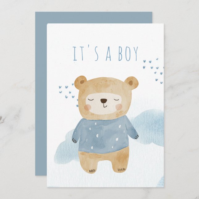 Sleepy Blue Watercolor niedlich Babydusche Einladung (Vorne/Hinten)