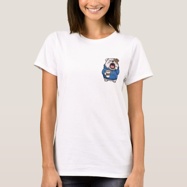 Sleepy Bulldog Yawning with Woof Coffee Cup in Blu T-Shirt (Vorderseite)