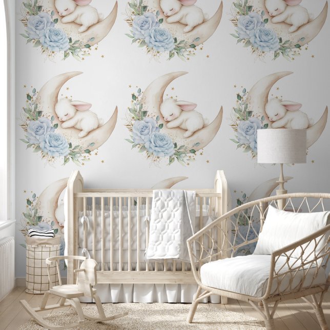 Sleepy Bunny Rabbit Moon Blue Floral Nursery Tapete (Kinder)