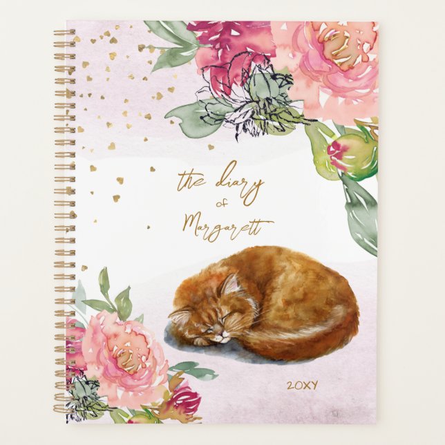 Sleepy Cat Illustration Flower Girl Tägliches Tage Planer (Vorderseite)