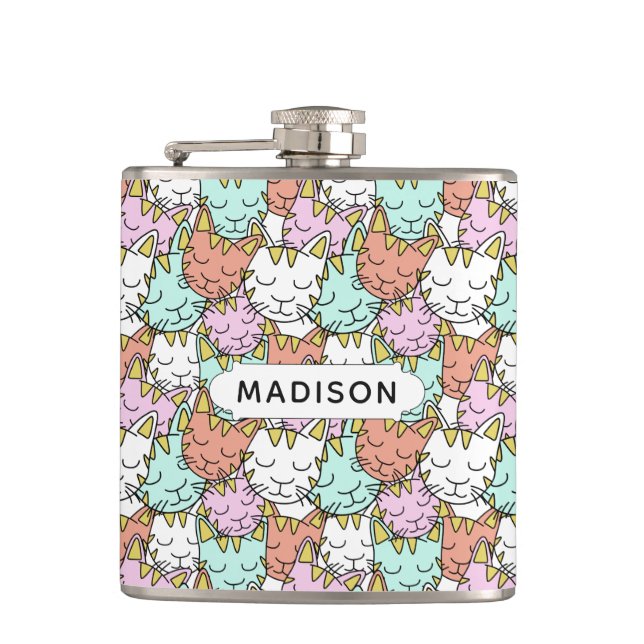 Sleepy Cats Pattern individuelle Name Flaschen Flachmann (Vorderseite)