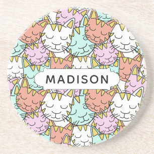 Sleepy Cats Pattern individuelle Name Sandstein Un Getränkeuntersetzer