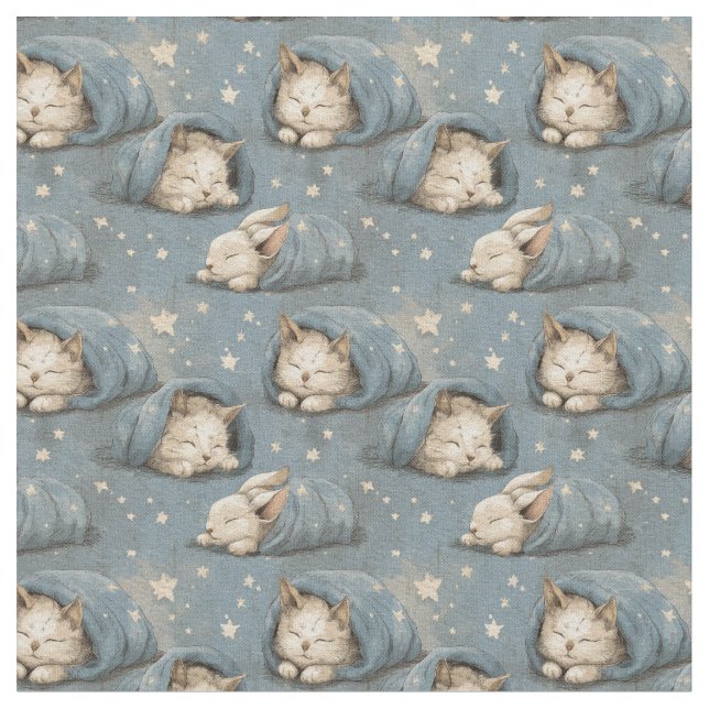 Sleepy Cats Under Starry Sky Cozy Blue Pattern Stoff (Nahaufnahme)