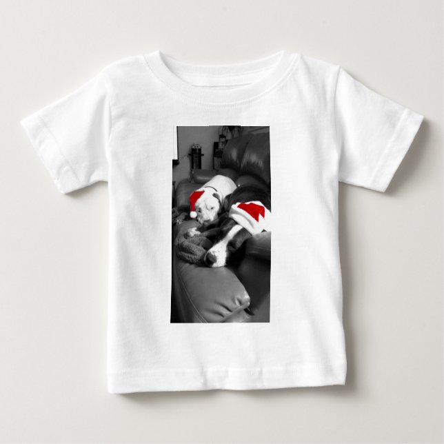 Sleepy Christmas Pitbull Puppies Süßes Santa Baby T-shirt (Vorderseite)