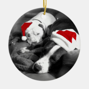 Sleepy Christmas Pitbull Puppies Süßes Santa Keramikornament