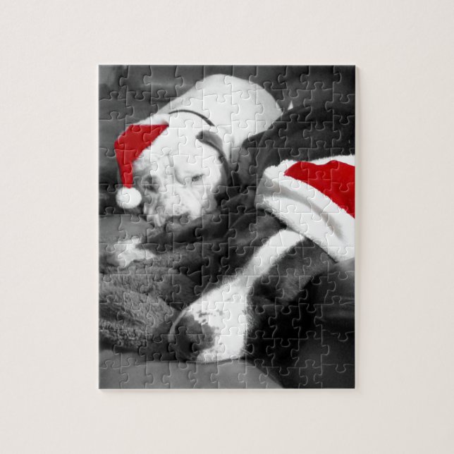Sleepy Christmas Pitbull Puppies Süßes Santa Puzzle (Vertikal)