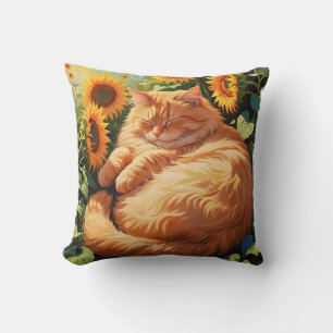 Sleepy Fat Orange Cat mit Sonnenblumen Kissen